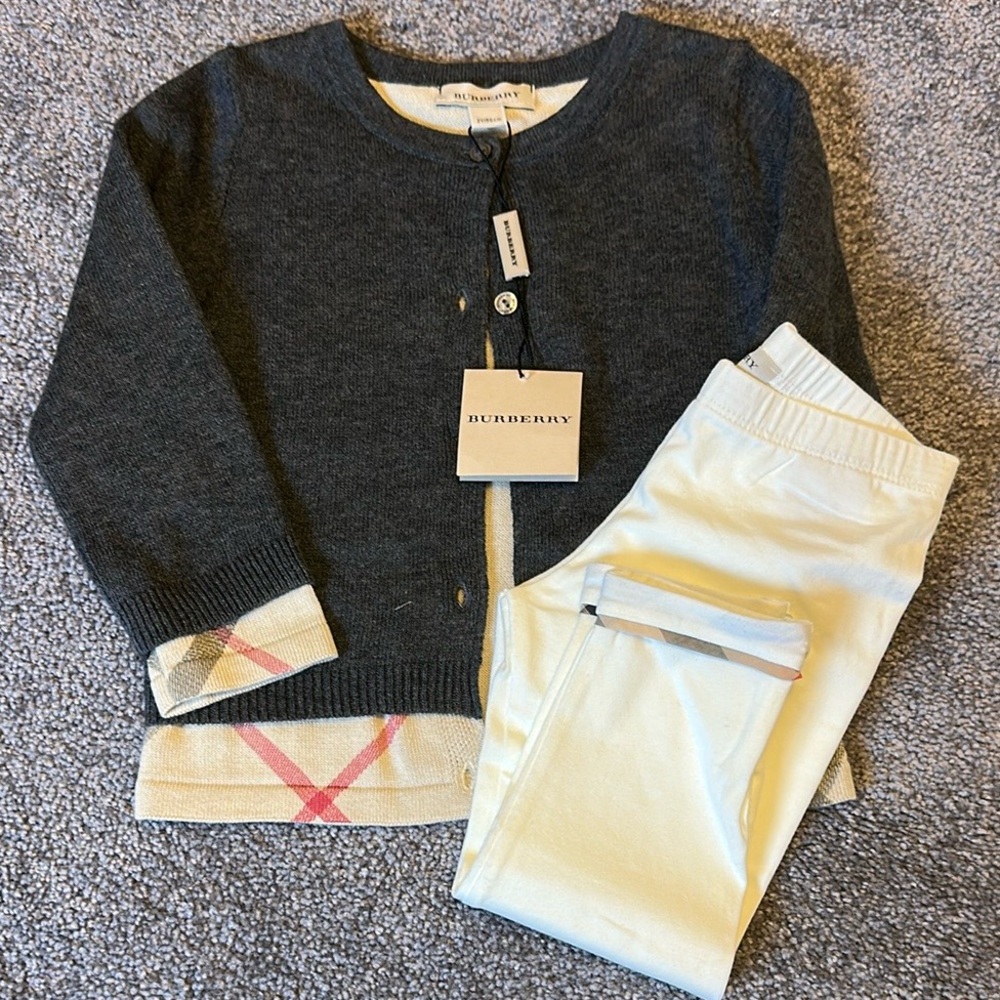 NWT, Burberry Gray Sweater and Cream Pants Baby set